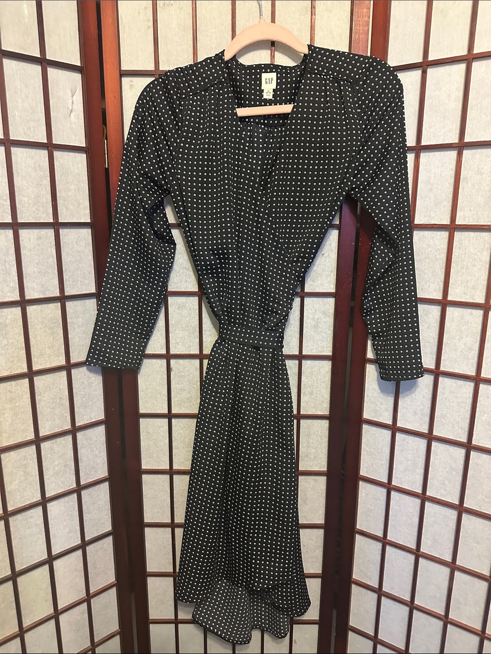 GAP Black Dress with White Polka Dots Long Sleeve Wrap Style